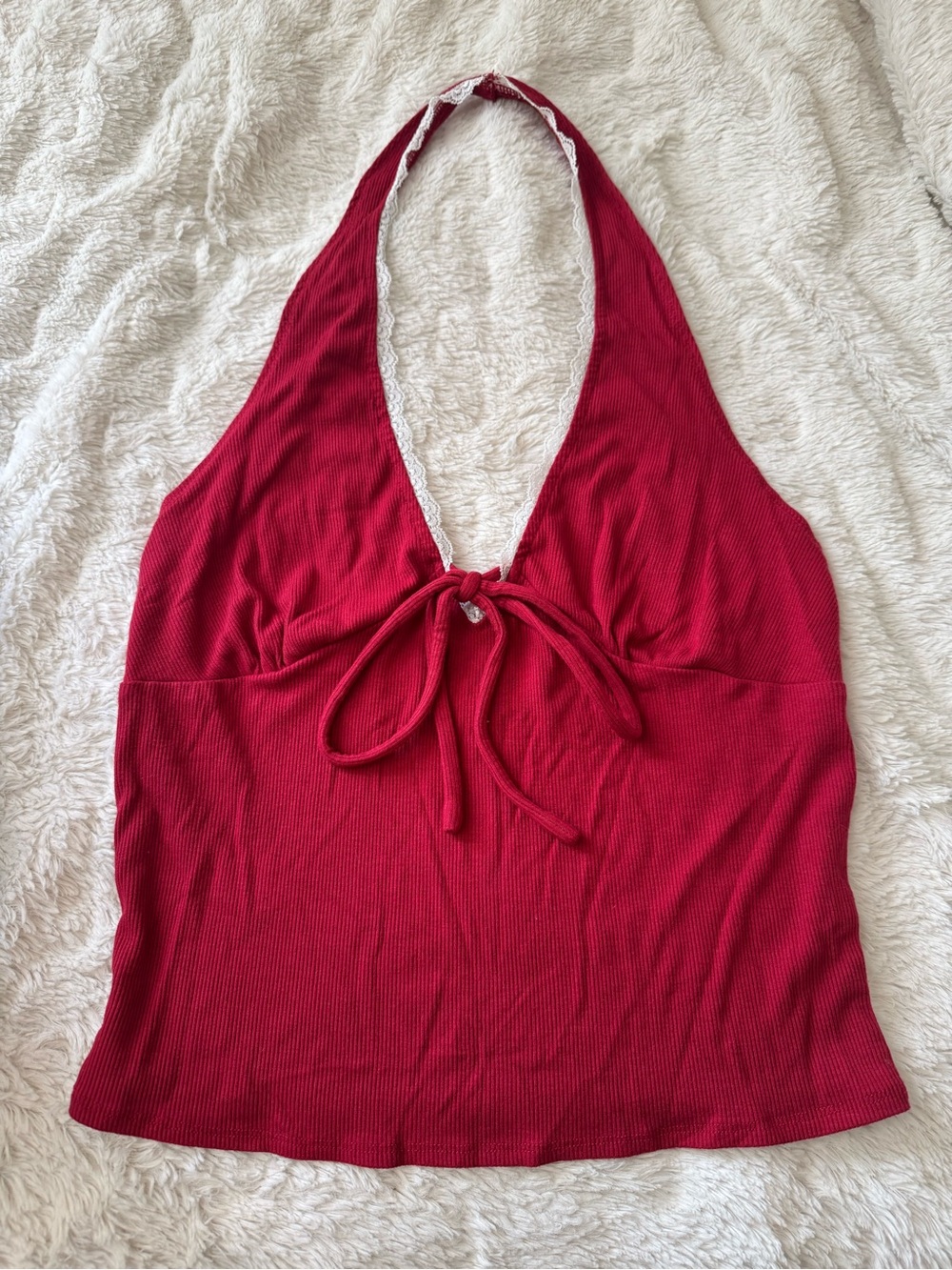Women's Red Halter Tie-Front Ribbed Tank Top